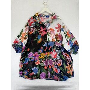 Johnny Was Neon Jungle Mix Patchwork Floral Silk Blend Button Up Shirt 2X swim